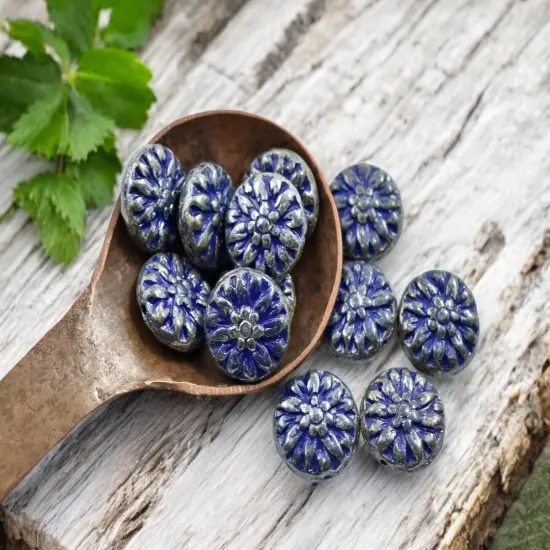 *12* 15mm Navy Blue Silver Luster Dahlia Flower Coin Beads {2}