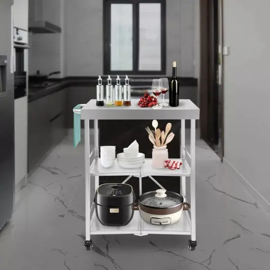 3 Tiers Utility Cart with Wheels Storage Shelf Kitchen Cart Fold Stainless Steel {2}