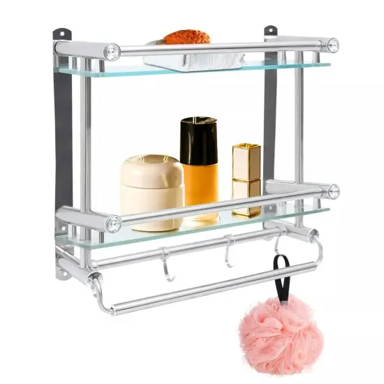 2 Tier Bathroom Shelf w/ Hooks Bathroom Hotel Wall Mounted Towel Rack Organizer {1}