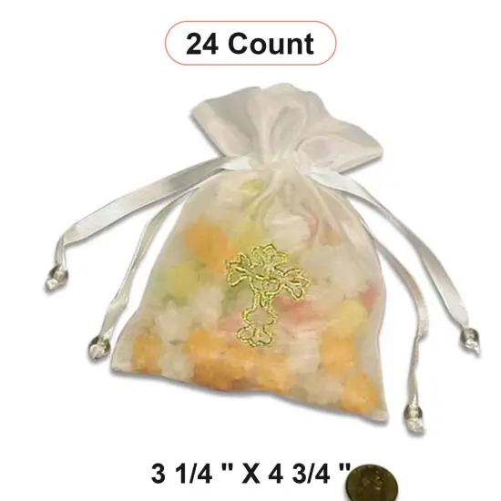 Golden Cross Embroidered Organza Bags 3 1/4'' x 4 3/4'' Gifts {1}