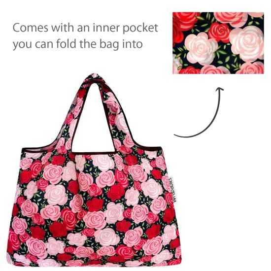 Wrapables Large Foldable Tote Nylon Reusable Grocery Bags, Pink Roses {5}
