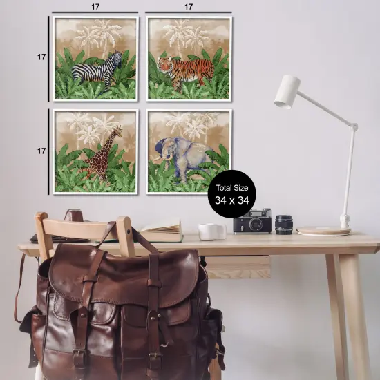 Stupell Industries Jungle Animals & Palms 4 pc Framed Giclee Wall Art Set Design by Paul Brent {3}