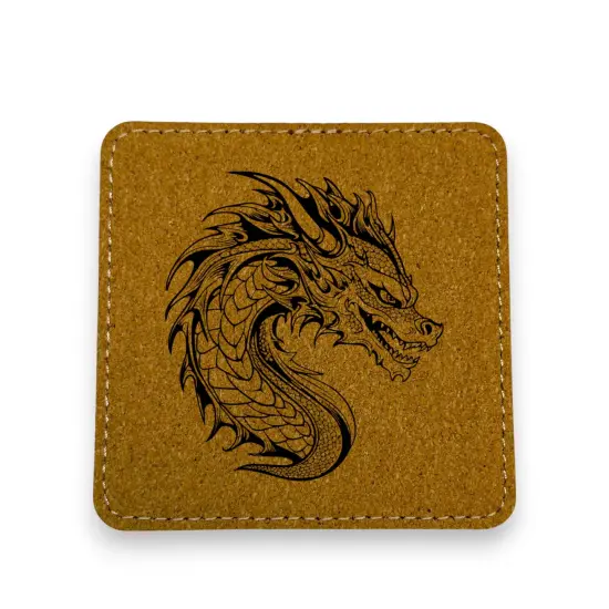 Coaster - Dragon - SET OF 2 - Leather or Stitched Cork Black/Silver {4}