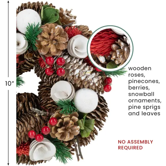 Northlight White Wooden Rose, Pine Cone and Berry Artificial Christmas Wreath, 10-Inch, Unlit Brown {7}
