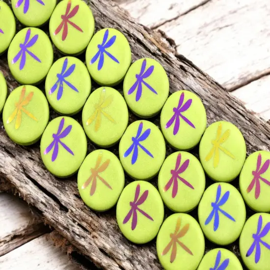 *8* 16mm Opaque Avocado Green Laser Tattoo Dragonfly Coin Beads {3}
