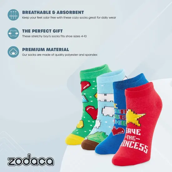 4-Pair Video Game Lovers Low Cut Socks for Boys, Fun Gift Set (Size 4-10) {2}