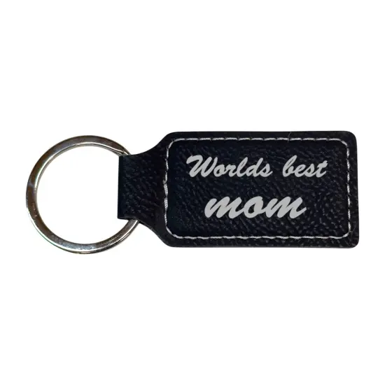Keychain - Rectangle - Worlds best mom - Leather Black/Silver {1}