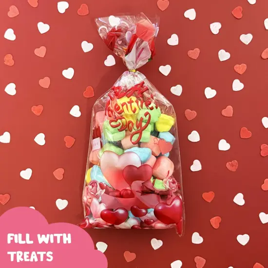 Wrapables Valentines Cellophane Treat Bags With Twist Ties for Candy, Cookies, Treats, Gifts and Party Favors (100pcs), Happy Valentines {6}