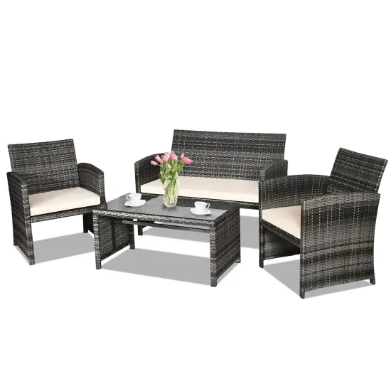 4 Pieces Patio Rattan Furniture Set with Glass Table and Loveseat White {11}