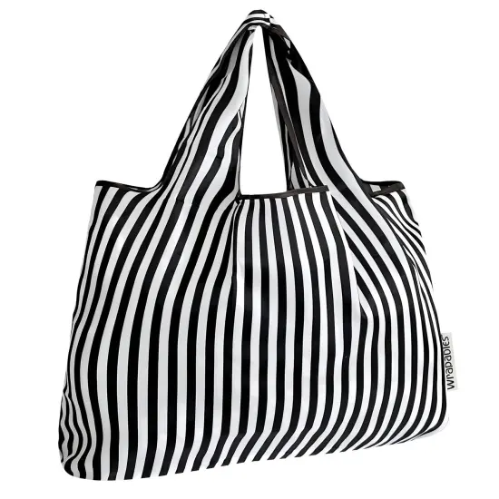 Wrapables Large Foldable Tote Nylon Reusable Grocery Bags, Black Stripes {1}