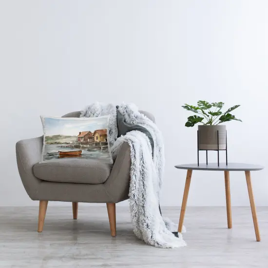 Canoes on Lake Edge Design by Ethan Harper Throw Pillow  {2}