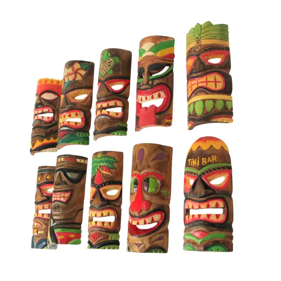 10 Piece Polynesian Party Hand Carved Island Style Wooden Tiki Masks 10 Inch {4}