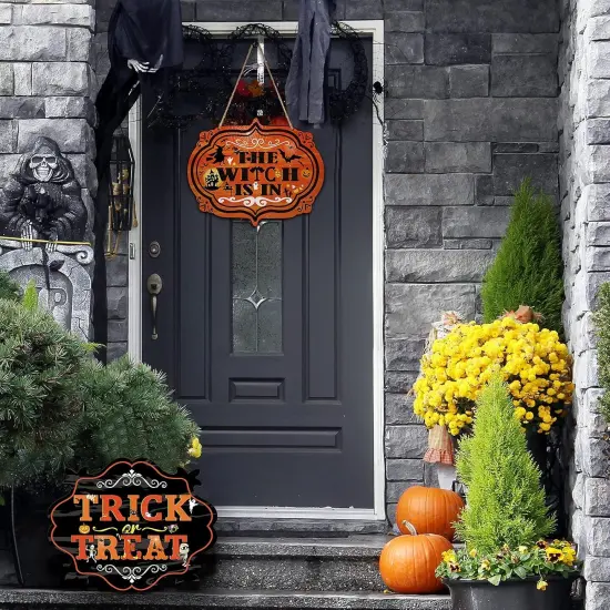 Trick or Treat & The Witch is in Hanging Sign Halloween Wreath Sign - 2 PCS {6}