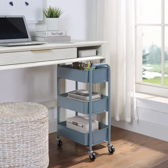 3-Tier Rolling Metal Storage Cart &ndash; Kitchen & Under Desk Organizer with Casters Blue {4}
