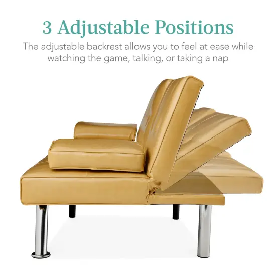 Best Choice Products Modern Faux Leather Convertible Futon Sofa w/ Removable Armrests, 2 Cupholders Camel Yellow {2}