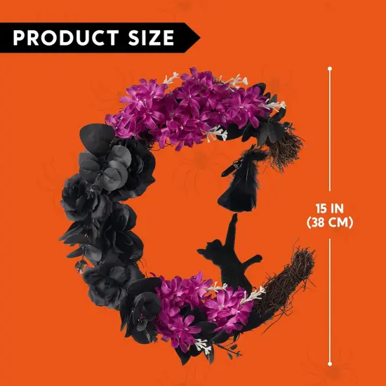 Halloween Wreath Black Moon Wreath with Black Cat {2}