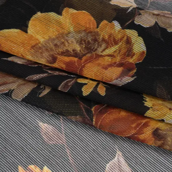 1 Yard Polyester Chiffon Fabric Floral Print, Black, Orange & Yellow, 61" Width {4}