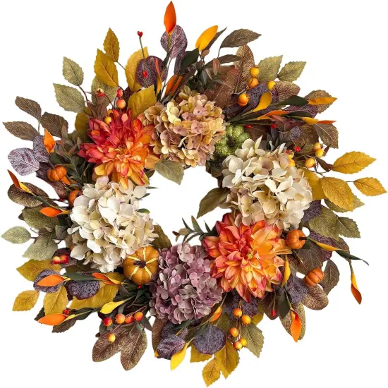Fall Wreath with Beige Hydrangea and Orange Dahlia - 24 Inch {1}