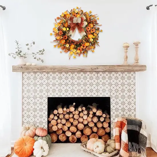 22 Inch Artificial Fall Autumn Daisy Wreath with Bowknot {5}