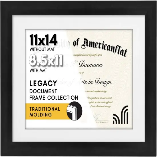 11x14 Diploma Frame with Shatter-Resistant Glass - Use as 8.5x11 Frame with Mat or 11x14 Frame without Mat - Legacy Collection - Thin Picture Frame for Wall Display - Black {1}