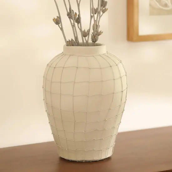 Handmade Off-White Small Terracotta Vase with Wireframe &ndash; Decorative Table Accent-9.75X9.75X12" {2}