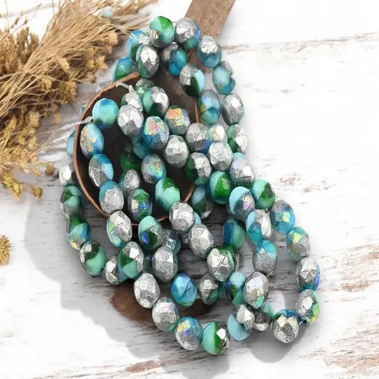 *20* 8mm Etched Silver AB Washed Blended Pacific Blue Turquoise Fire Polished Round Beads {3}