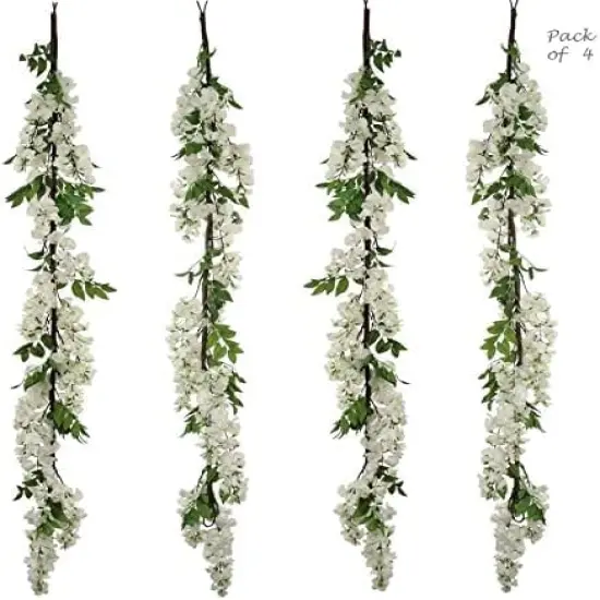 4PC Floral Home 60" Luxurious White Silk Wisteria Garland - 12 Lush Hanging Flowers - Wedding Aesthetics - Home & Office Embellishments - Floral Accent Piece - Centerpiece Table Decorations Garland {2}