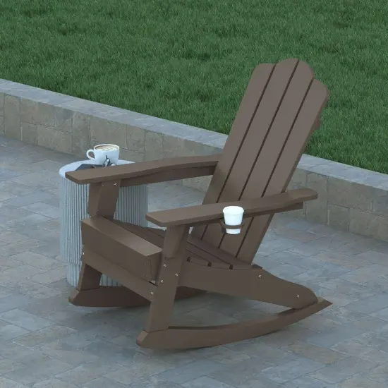 Emma and Oliver Tiverton Adirondack Rocking Chair with Cup Holder, Weather Resistant HDPE Adirondack Rocking Chair Brown {3}