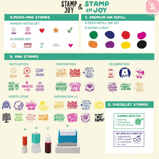 Stamp Enjoy - 8 Self-Ink Flash Stamp Set, Multicolor Teacher Stamps, Office Stationery Stamps, Pre-Inked, Refillable Stamps {4}
