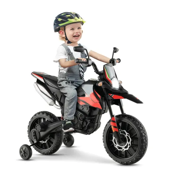 Metal 12V Kids Motorcycle with Dual Motors, Music and Training Wheels Red {3}