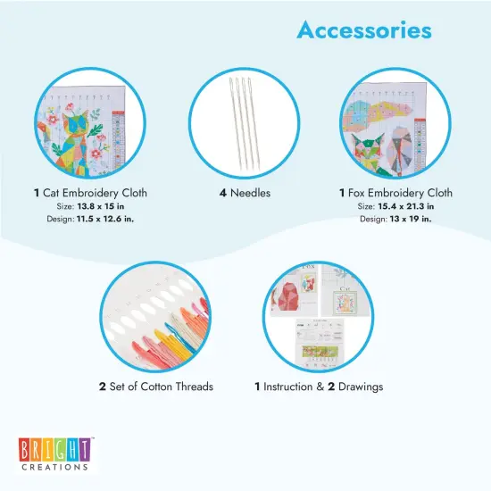 Pack of 2, Fox and Cat Stamped Counted Cross Stitch, Embroidery Beginner Kit with 11 CT Cloth, Needles, Thread Multicolor {4}