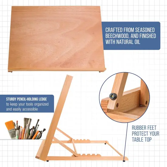 (A2) Adjustable Wood Art Drawing Board - 6 Angles, Beechwood Construction, Pencil Ledge, Locking Storage Drawer {3}