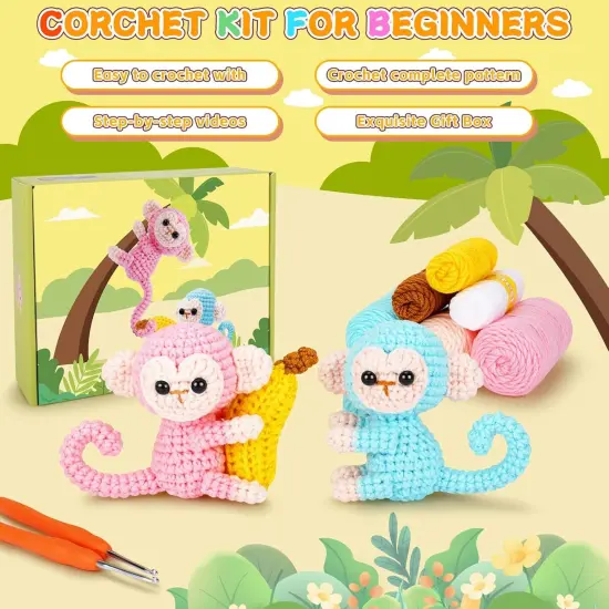 Crochet Kit for Beginners - 2 PCS Monkey with Banana, Step-by-Step Video Tutorials, for Adults and Kids (Blue & Pink) {3}