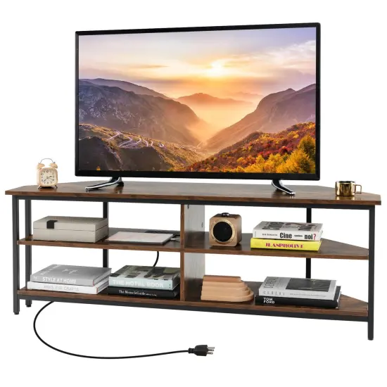 Costway Corner TV Stand for TVs up to 65" TV Console Table with AC Outlets&USB A Ports Rustic Brown/Black/White {1}