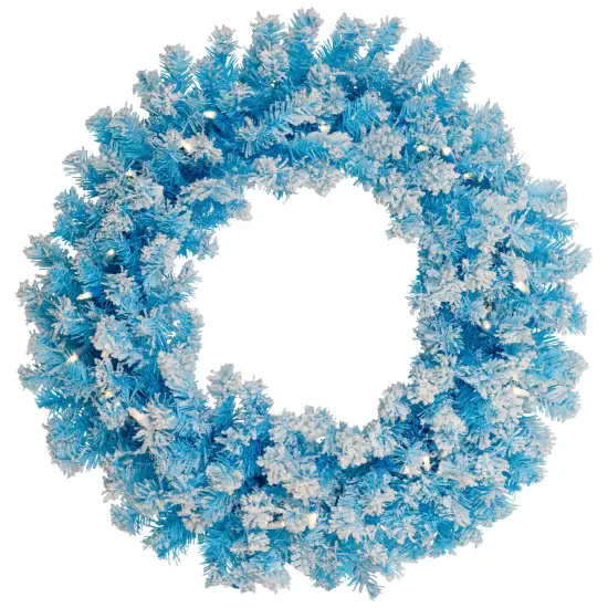 Northlight Pre-Lit Flocked Pine ArtificialChristmas Wreath - 24" - Sky Blue - Clear Lights {3}