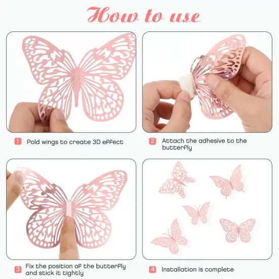3D Gold Butterfly Wall Decor 3 Sizes 4 Styles Butterfly Party Decorations Cake Decorations Removable Stickers Wall Decor Room Mural Metallic Kids (Pink, 48Pcs) {5}