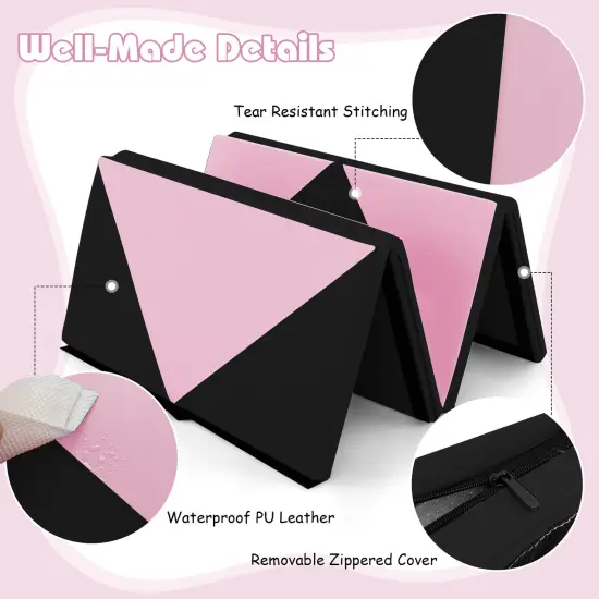8 Feet PU Leather Folding Gymnastics Mat with Removable Zippered Cover and Hook and Loop Fasteners Black & Pink {6}