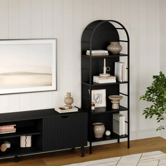 4 Tiered Black Arched Bookshelf - Stylish, Modern Home Decor - Tall Arch Bookcase - Wooden Open Arched Cabinet with Shelves - Grain Textured Laminate Arch Bookshelf with Wood Panel Backing (Black) {4}