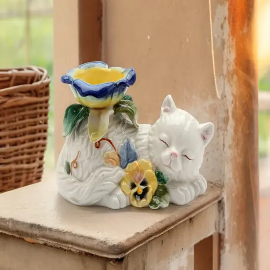 Ceramic White Cat with Pansy Flowers Tealight Candle Holder, Cat Lover Gift, Gift for Her, Gift for Mom {1}