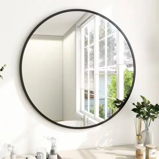 Modern Round Bathroom Wall Mirror with Metal Frame and HD Glass for Bedroom or Hallway {6}
