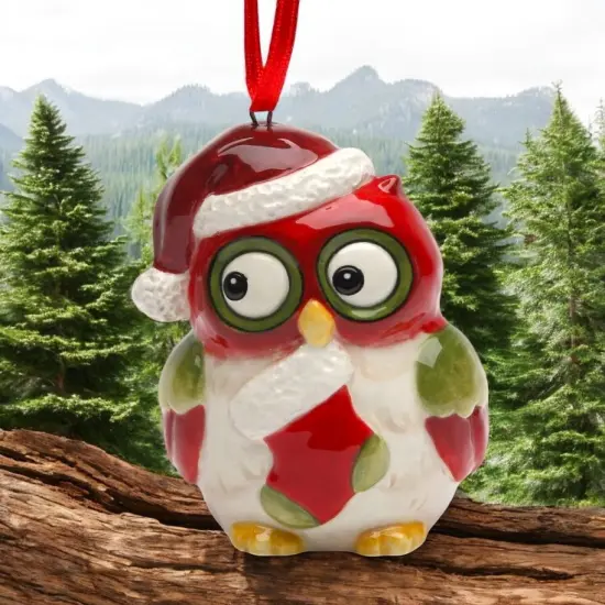 Ceramic Christmas Owl: Owl With Sock Ornament, Christmas Tree Decor, Owl Collector Gift {2}