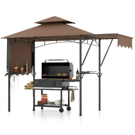 13 x 5 Feet Dual Side Awnings Grill Gazebo with 2 Shelves Adjustable Shadow and Metal Frame Coffee {6}