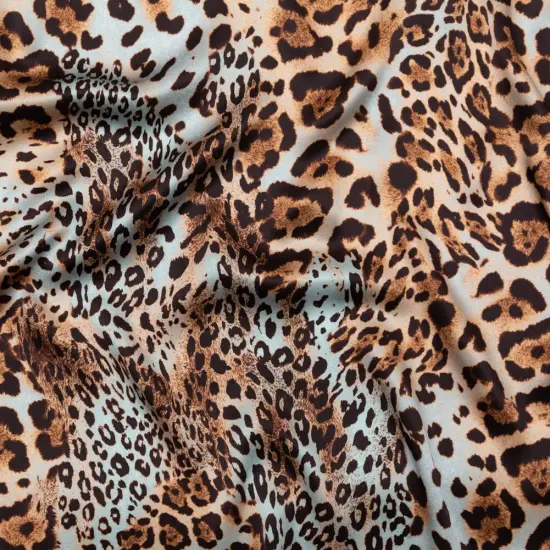 1 Yard Aqua Brown Jaguar Digitally Printed Silk Charmeuse Fabric 55 inch Width {1}