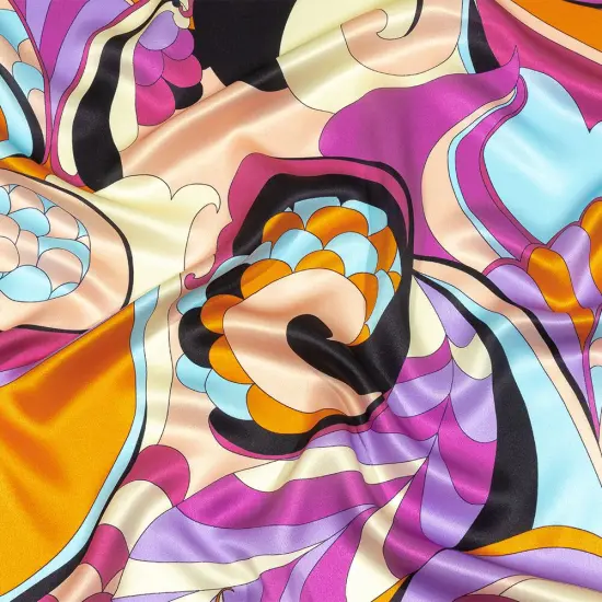 1 Yard Graphic Swirl Silk Charmeuse Italian Orange, Peach & Sky Blue Paisley 52 Inches Width {1}