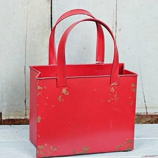 Distressed Red Metal Tote Bag &ndash; Rustic Farmhouse Container for Floral Arrangements & Holiday Decor-M10826 {2}