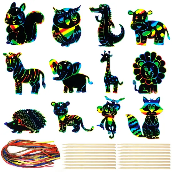 Wrapables 36pc Rainbow Scratch Arts Ornaments, DIY Magic Scratch Arts and Crafts, Animals {1}