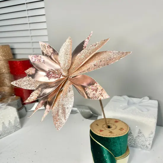 Rose Gold Metallic Poinsettia Flower Stem beaded with Sequins Set of 2 {2}