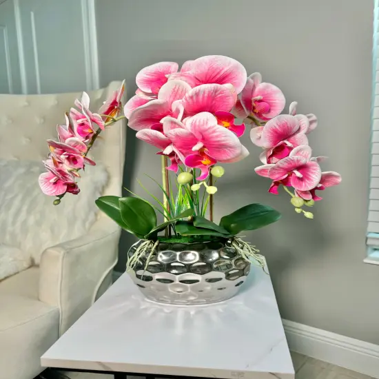 Giulia Real Touch Pink White Orchid Arrangement in Beveled Silver Vase {1}