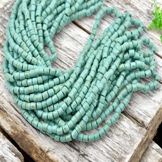 6/0 Aged Green Turquoise Picasso Tube Beads (20" Strand) {1}