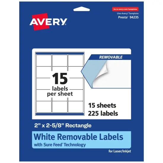 Avery Matte White Removable Rectangle Labels with Sure Feed Technology, 2" x 2-5/8" {1}
